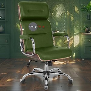 Cadeira Original Eames Presidente com Rodinhas Cromadas e Anti Risco Linha Capa em Madeira Escura - Verde Escuro