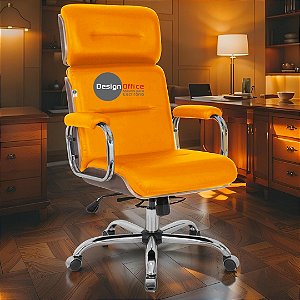Cadeira Original Eames Presidente com Rodinhas Cromadas e Anti Risco Linha Capa em Madeira Escura - Laranja