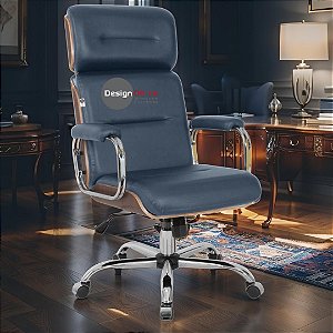 Cadeira Original Eames Presidente com Rodinhas Cromadas e Anti Risco Linha Capa em Madeira Escura - Azul Marinho