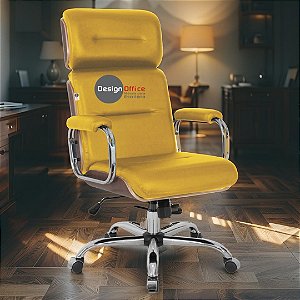 Cadeira Original Eames Presidente com Rodinhas Cromadas e Anti Risco Linha Capa em Madeira Escura - Amarelo Mostarda