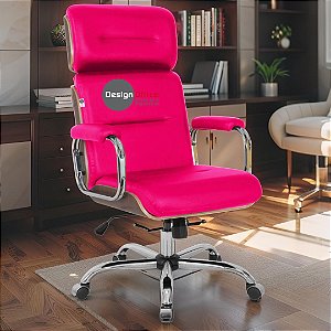 Cadeira Original Eames Presidente com Rodinhas Cromadas e Anti Risco Linha Capa em Madeira Escura - Rosa Pink