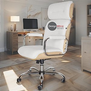 Cadeira Original Eames Presidente com Rodinhas Cromadas e Anti Risco Linha Capa em Madeira Clara - Branco