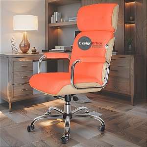 Cadeira Original Eames Presidente com Rodinhas Cromadas e Anti Risco Linha Capa em Madeira Clara - Laranja
