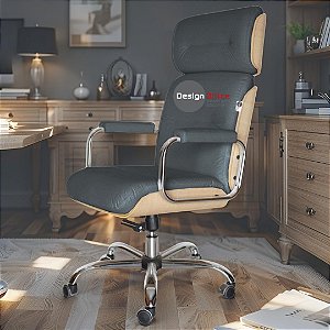 Cadeira Original Eames Presidente com Rodinhas Cromadas e Anti Risco Linha Capa em Madeira Clara - Cinza Escuro
