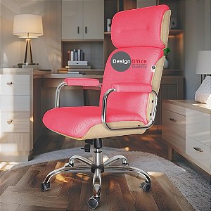 Cadeira Original Eames Presidente com Rodinhas Cromadas e Anti Risco Linha Capa em Madeira Clara - Rosa Pink