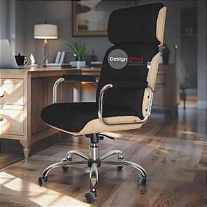 Cadeira Original Eames Presidente com Rodinhas Cromadas e Anti Risco Linha Capa em Madeira Clara - Preto