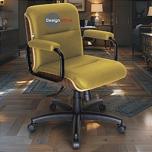 Cadeira Original Eames Diretor com Rodinhas Black e Anti Risco Linha Capa em Madeira - Amarelo Mostarda