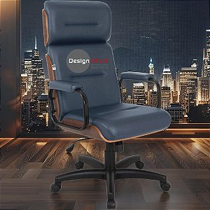 Cadeira Original Eames Presidente com Rodinhas Black e Anti Risco Linha Capa em Madeira Escura - Azul Marinho