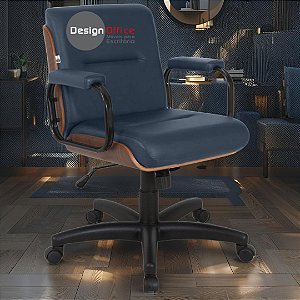 Cadeira Original Eames Diretor com Rodinhas Black e Anti Risco Linha Capa em Madeira Escura - Azul Marinho