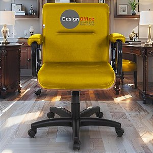 Cadeira Original Eames Diretor com Rodinhas Black e Anti Risco Linha Capa em Madeira Escura - Amarelo Mostarda