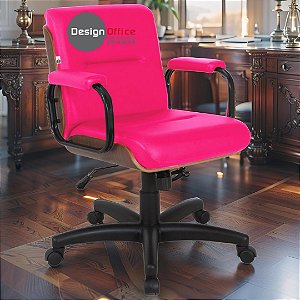 Cadeira Original Eames Diretor com Rodinhas Black e Anti Risco Linha Capa em Madeira Escura - Rosa Pink