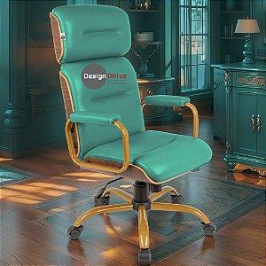 Cadeira Original Eames Presidente Dourada Anti Risco Linha Capa em Madeira Escura - Verde Água