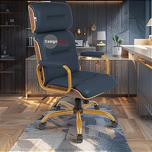 Cadeira Original Eames Presidente Dourada Anti Risco Linha Capa em Madeira Escura - Azul Marinho