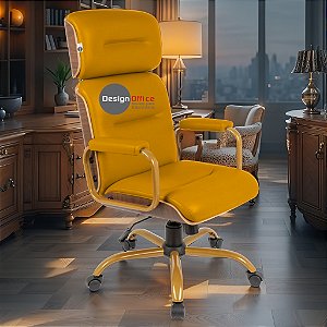 Cadeira Original Eames Presidente Dourada Anti Risco Linha Capa em Madeira Escura - Amarelo Mostarda