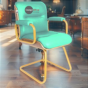 Cadeira Original Eames Interlocutor Dourada Anti Risco Linha Capa em Madeira Escura - Verde Água