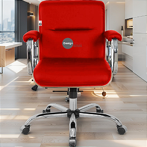 Cadeira Original Eames Diretor com Rodinhas Cromadas e Anti Risco Linha Capa em Madeira Escura Vermelho