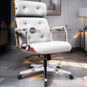 Cadeira Design Office Eames Signature Presidente Cromada com Rodinhas Anti Risco - Capa em Madeira - Branco