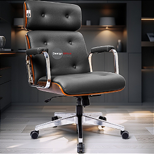 Cadeira Design Office Eames Signature Presidente Cromada com Rodinhas - Anti Risco - Capa em Madeira - Cinza Escuro