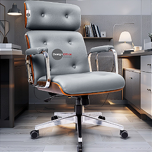 Cadeira Design Office Eames Signature Presidente Cromada com Rodinhas - Anti Risco - Capa em Madeira - Cinza Claro