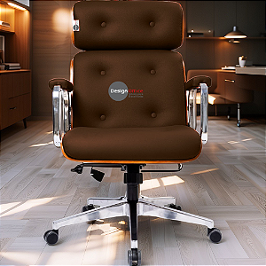 Cadeira Design Office Eames Signature Presidente Cromada com Rodinhas - Anti Risco - Capa em Madeira - Marrom