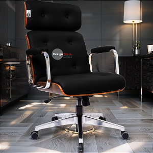 Cadeira Design Office Eames Signature Presidente Cromada com Rodinhas - Anti Risco - Capa em Madeira - Preto
