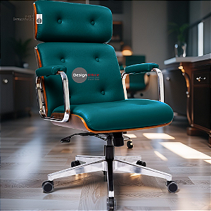 Cadeira Design Office Eames Signature Presidente Cromada com Rodinhas - Anti Risco - Capa em Madeira - Verde