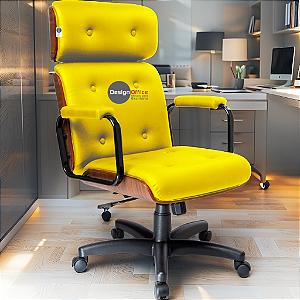 Cadeira Design Office Eames Signature Presidente Black com Rodinhas - Anti Risco - Capa em Madeira - Amarelo