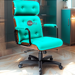 Cadeira Design Office Eames Signature Presidente Black com Rodinhas - Anti Risco - Capa em Madeira - Verde Água