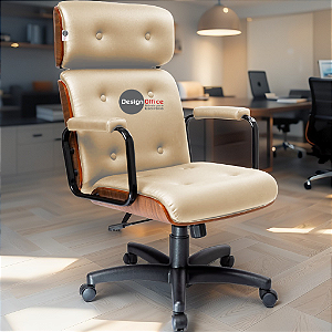 Cadeira Design Office Eames Signature Presidente Black com Rodinhas - Anti Risco - Capa em Madeira - Bege