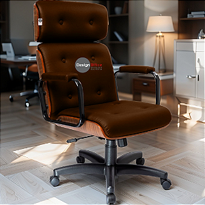 Cadeira Design Office Eames Signature Presidente Black com Rodinhas - Anti Risco - Capa em Madeira - Marrom