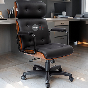 Cadeira Design Office Eames Signature Presidente Black com Rodinhas - Anti Risco - Capa em Madeira - Preto