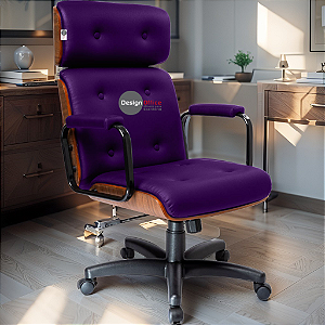 Cadeira Design Office Eames Signature Presidente Black com Rodinhas - Anti Risco - Capa em Madeira - Roxo