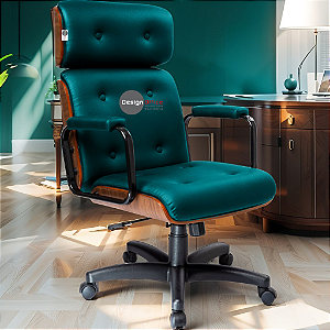 Cadeira Design Office Eames Signature Presidente Black com Rodinhas - Anti Risco - Capa em Madeira - Verde