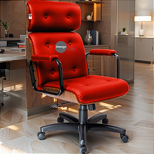 Cadeira Design Office Eames Signature Presidente Black com Rodinhas - Anti Risco - Capa em Madeira - Vermelho