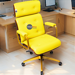 Cadeira Design Office Eames Signature Presidente Dourada com Rodinhas - Anti Risco - Capa em Madeira - Amarelo