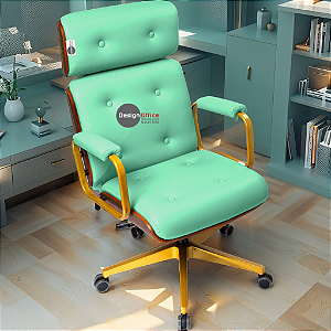 Cadeira Design Office Eames Signature Presidente Dourada com Rodinhas - Anti Risco - Capa em Madeira - Verde Água