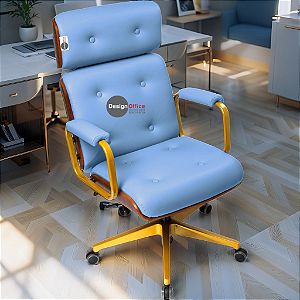 Cadeira Design Office Eames Signature Presidente Dourada com Rodinhas - Anti Risco - Capa em Madeira - Azul Bebê
