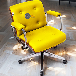 Cadeira Design Office Eames Signature Diretor Cromada com Rodinhas Anti Risco - Capa em Madeira - Amarelo