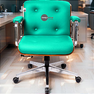 Cadeira Design Office Eames Signature Diretor Cromada com Rodinhas Anti Risco - Capa em Madeira - Verde Água