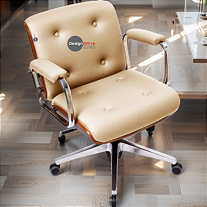 Cadeira Design Office Eames Signature Diretor Cromada com Rodinhas Anti Risco - Capa em Madeira - Bege
