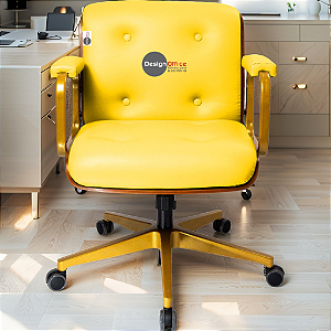 Cadeira Design Office Eames Signature Diretor Dourada com Rodinhas Anti Risco - Capa em Madeira - Amarelo