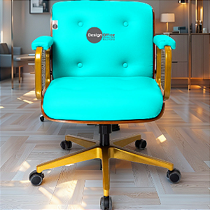 Cadeira Design Office Eames Signature Diretor Dourada com Rodinhas Anti Risco - Capa em Madeira - Verde Água