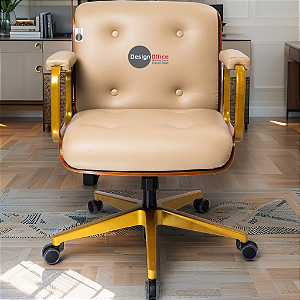 Cadeira Design Office Eames Signature Diretor Dourada com Rodinhas Anti Risco - Capa em Madeira - Bege