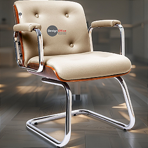 Cadeira Design Office Eames Signature Interlocutor Cromada- Capa em Madeira - Bege