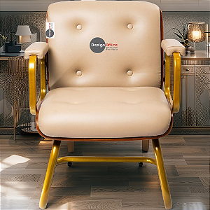 Cadeira Design Office Eames Signature Interlocutor Dourada - Capa em Madeira - Bege