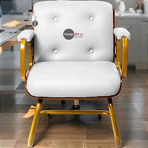 Cadeira Design Office Eames Signature Interlocutor Dourada - Capa em Madeira - Branco