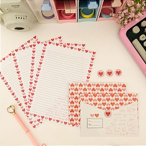 KIT PAPEL DE CARTA COM ENVELOPE CORAÇÕESZINHOS - BUENDIA