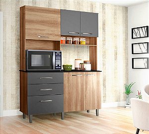 Cozinha Compacta 5 Portas e 3 Gavetas com Balcão Mel Cinza Acacia