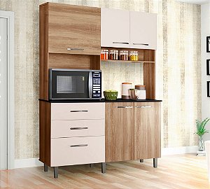 Cozinha Compacta 5 Portas e 3 Gavetas com Balcão Mel Off White Acacia