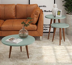 Mesa de Centro Com Conjunto Mesa de Apoio e Mesa Lateral Legs Verde Bellagio